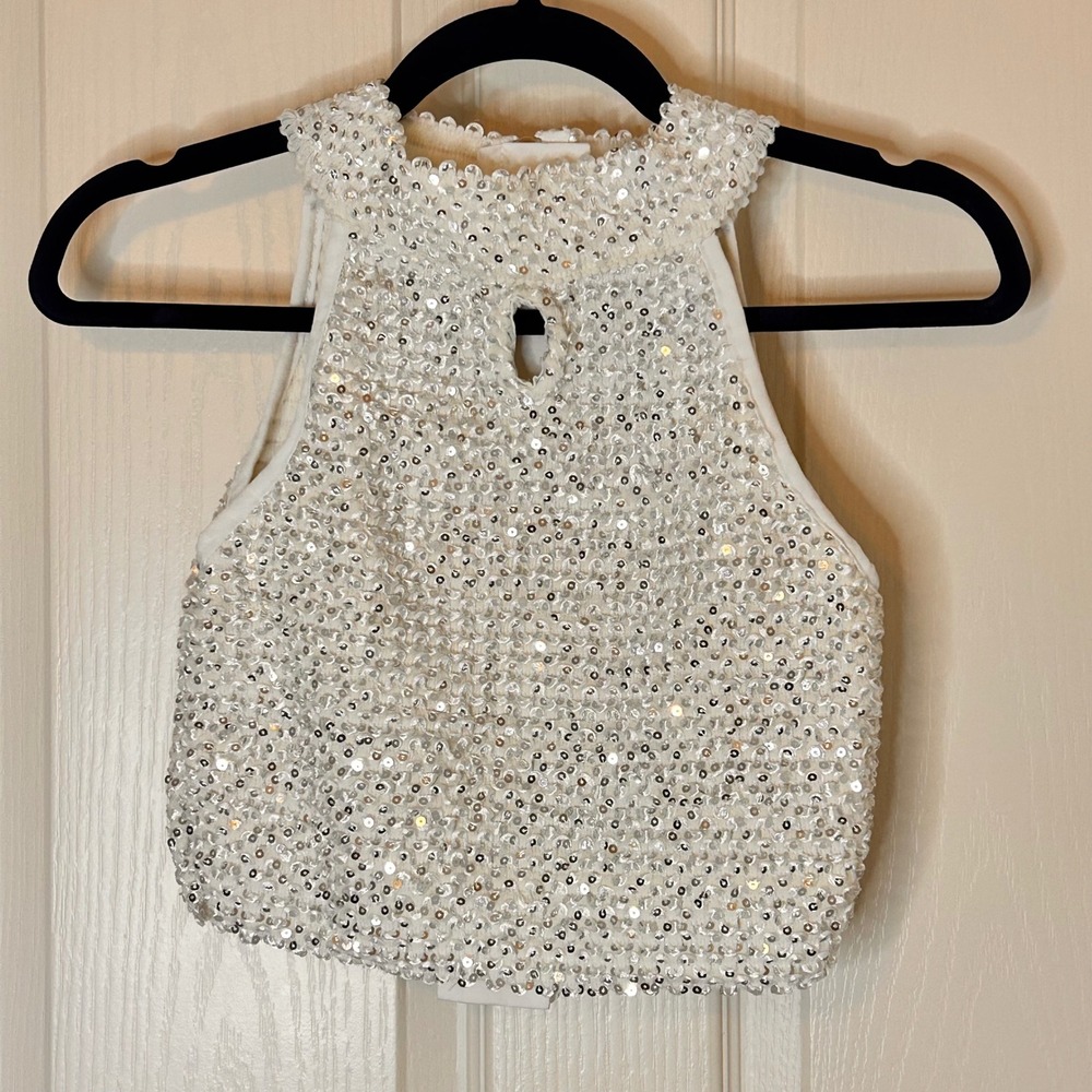 White Silver Sequin Halter Crop Top High Neck Keyhole Zip Back Womens Medium